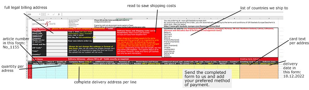 how to fill in our bulk order form for mulitple gift basket orders to europe